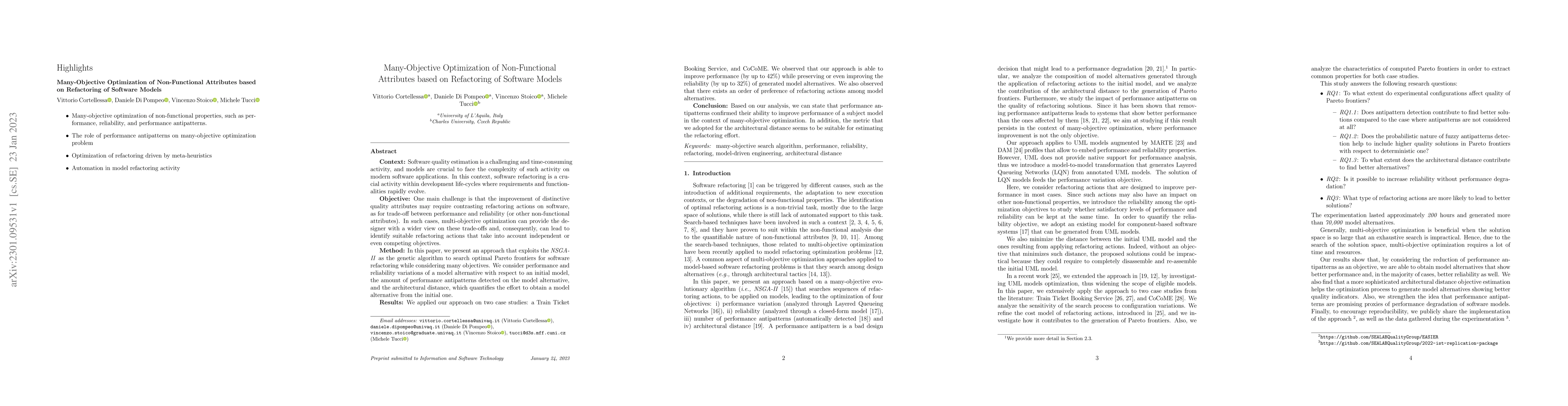 Thumbnail for Many-Objective Optimization of Non-Functional Attributes based on
  Refactoring of Software Models