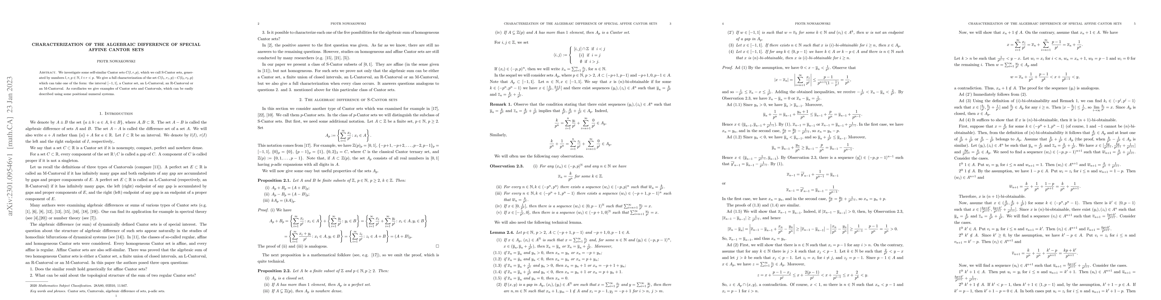 Thumbnail for Characterization of the algebraic difference of special affine Cantor
  sets