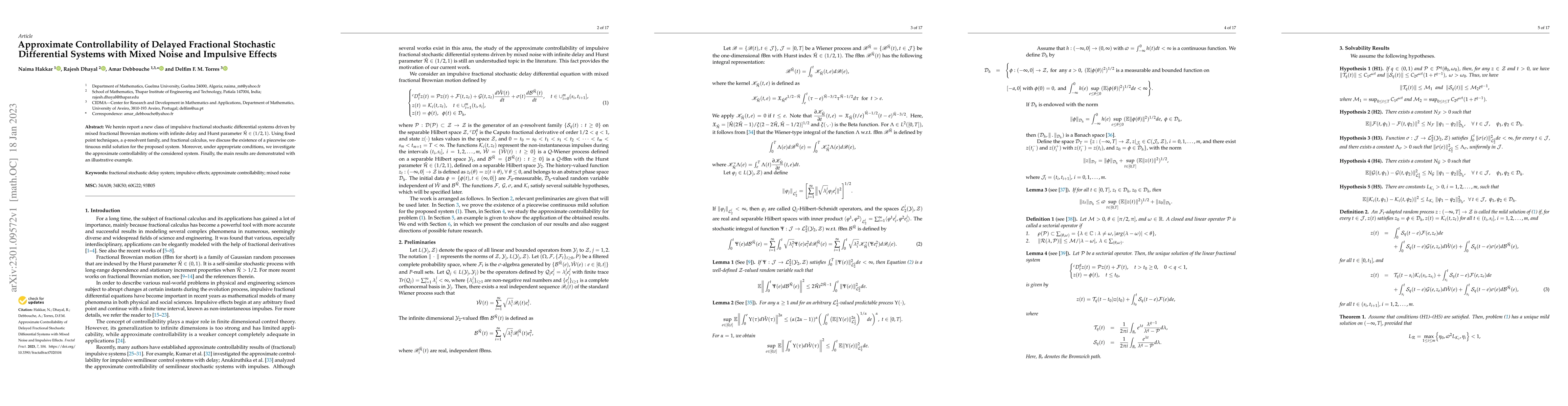Thumbnail for Approximate Controllability of Delayed Fractional Stochastic
  Differential Systems with Mixed Noise and Impulsive Effects