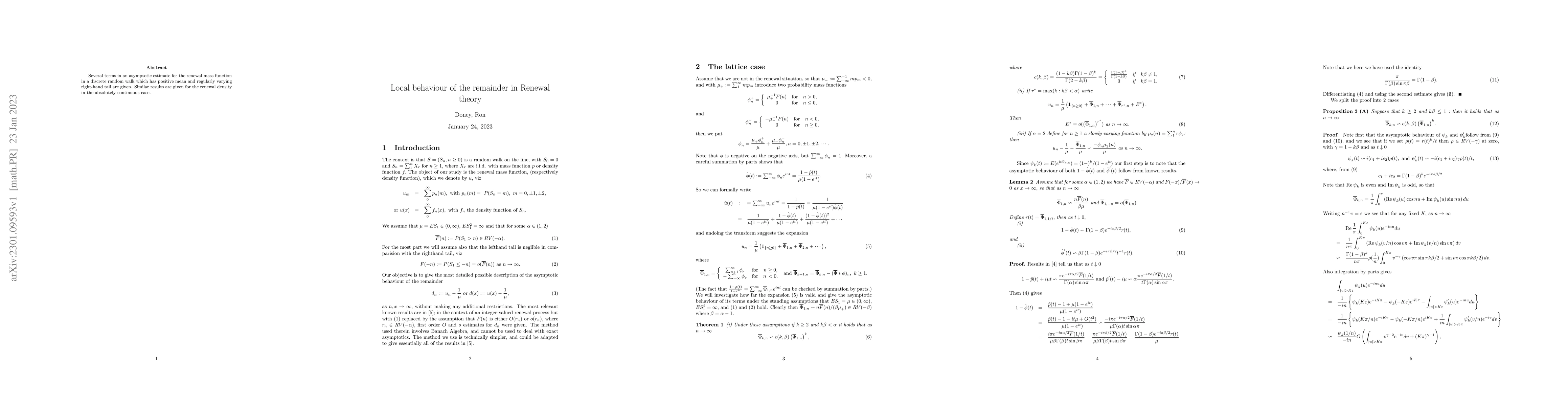 Thumbnail for Local behaviour of the remainder in Renewal theory