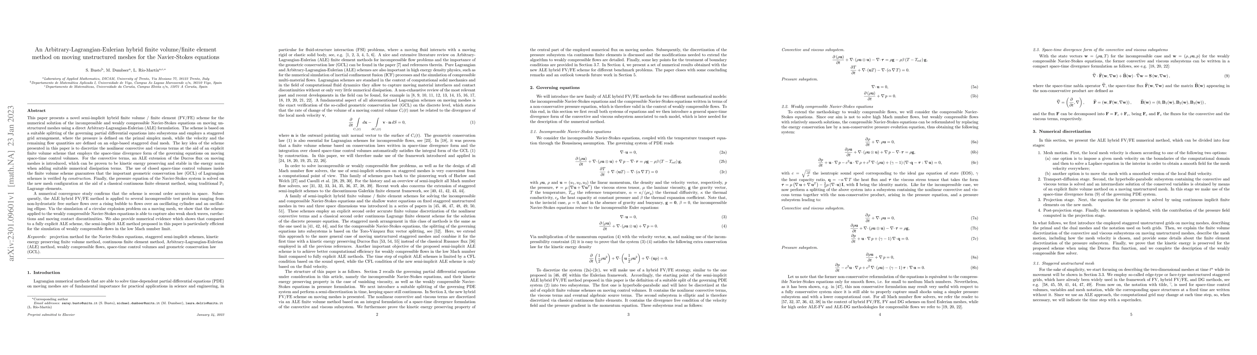 Thumbnail for An Arbitrary-Lagrangian-Eulerian hybrid finite volume/finite element
  method on moving unstructured meshes for the Navier-Stokes equations