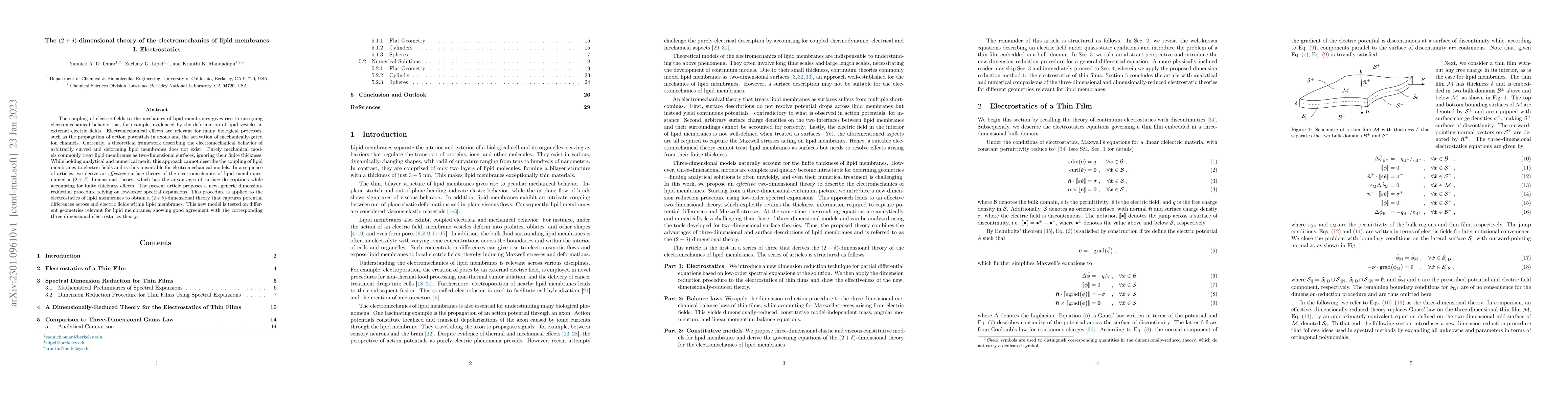 Thumbnail for The $(2 + \delta)$-dimensional theory of the electromechanics of lipid
  membranes: I. Electrostatics