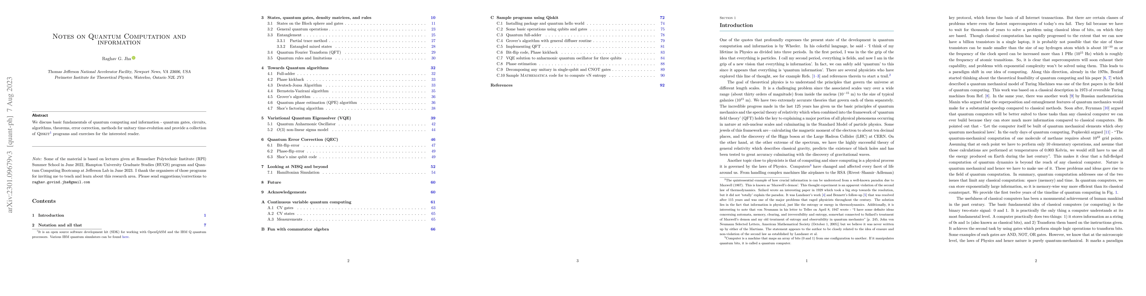 Thumbnail for Notes on Quantum Computation and Information