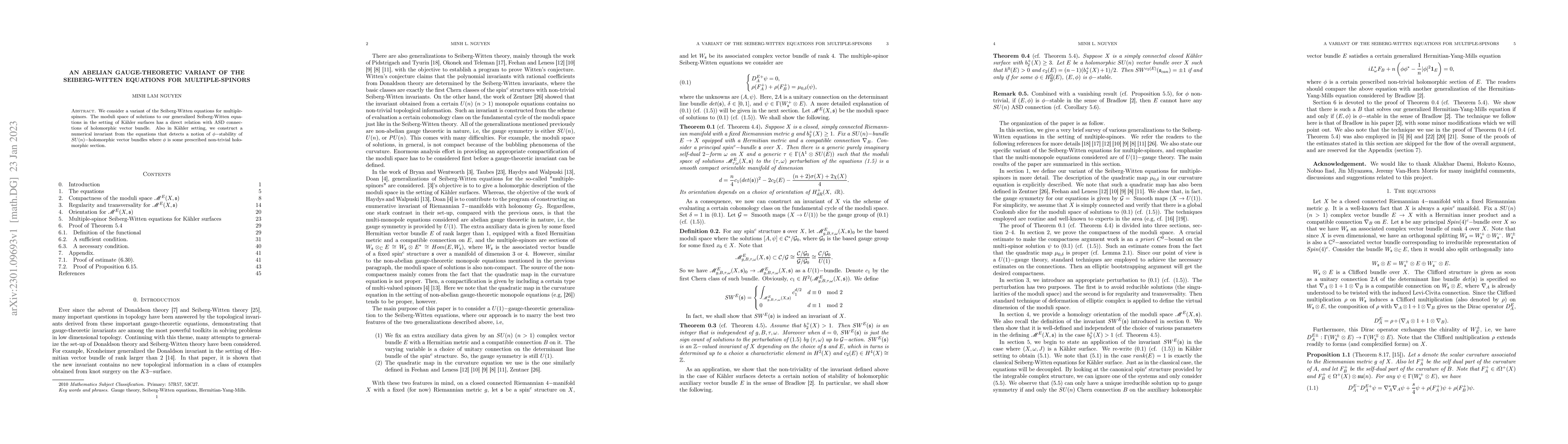 Thumbnail for An abelian gauge-theoretic variant of the Seiberg-Witten equations for
  multiple-spinors