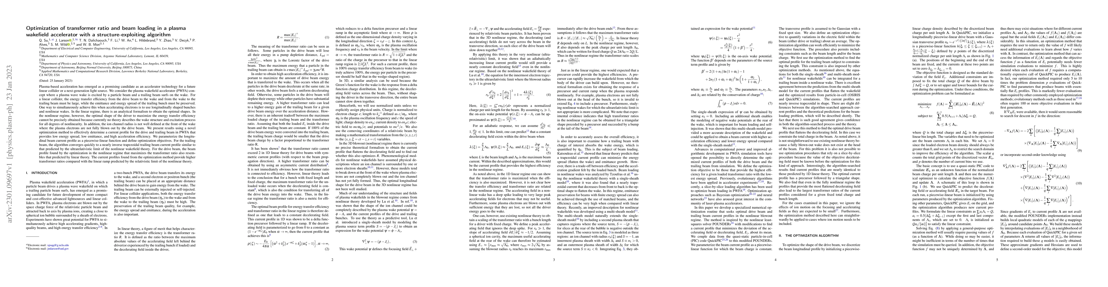 Thumbnail for Optimization of transformer ratio and beam loading in a plasma wakefield
  accelerator with a structure-exploiting algorithm