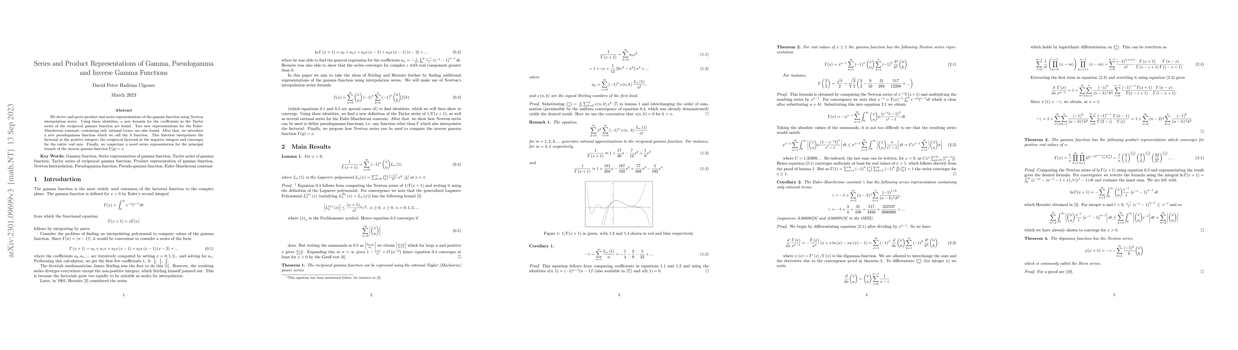 Thumbnail for Series and Product Representations of Gamma, Pseudogamma and Inverse
  Gamma Functions