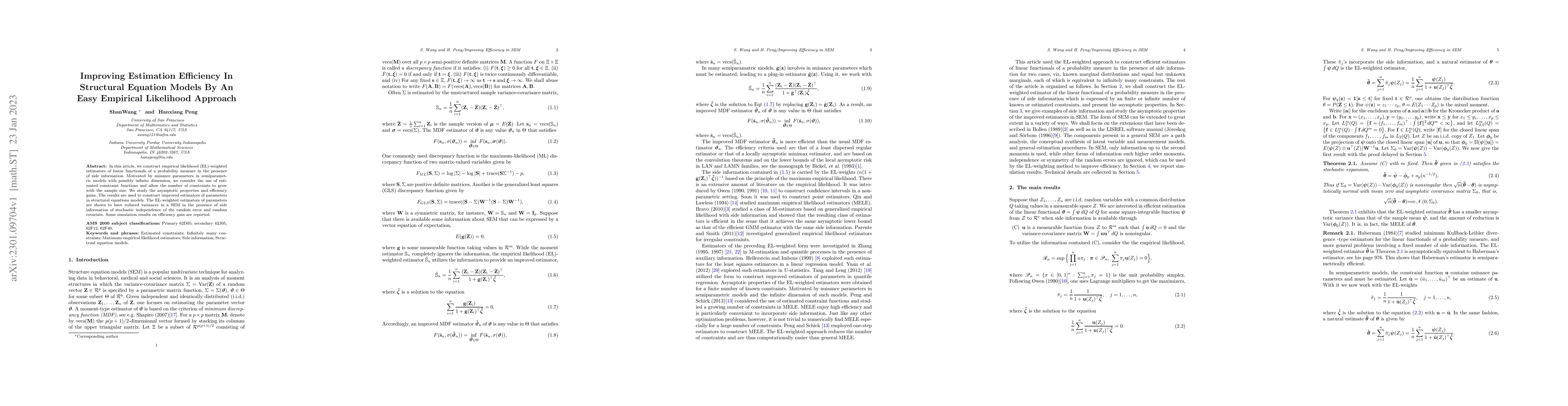Thumbnail for Improving Estimation Efficiency In Structural Equation Models By An Easy
  Empirical Likelihood Approach