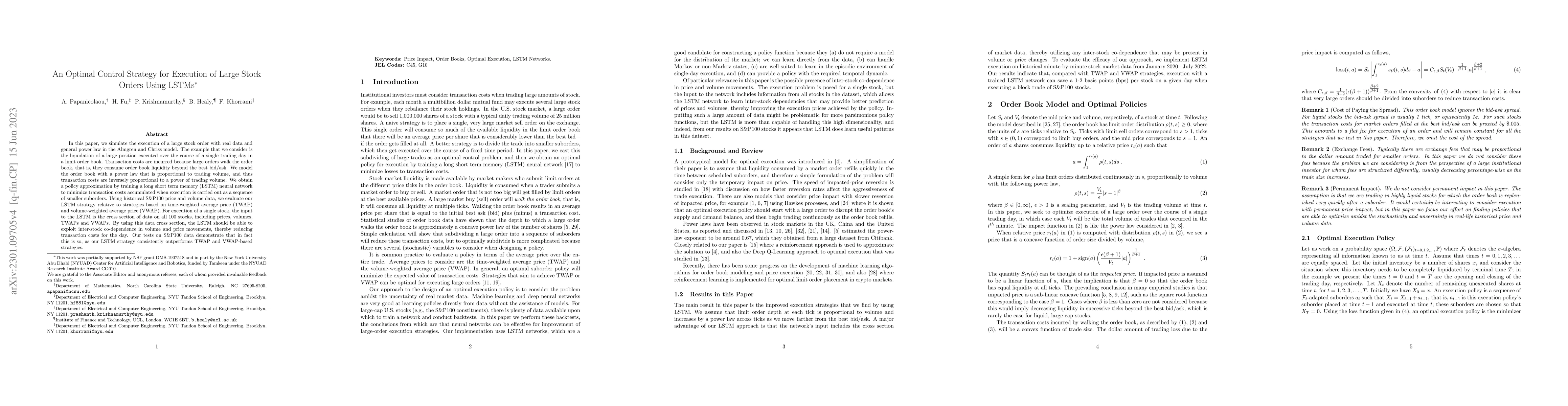 Thumbnail for An Optimal Control Strategy for Execution of Large Stock Orders Using
  LSTMs