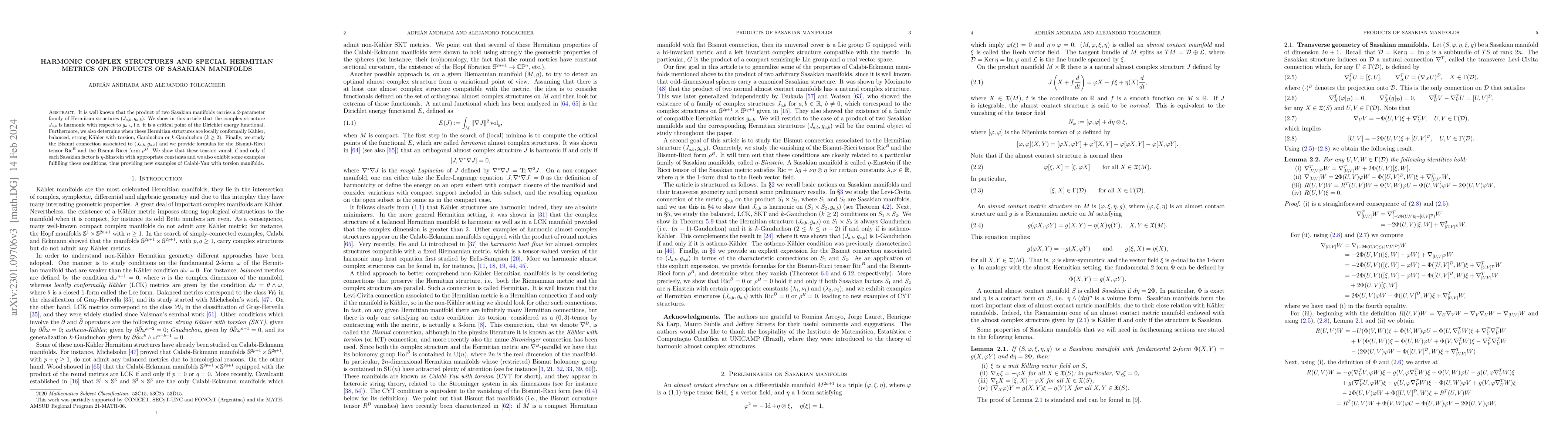 Thumbnail for Harmonic complex structures and special Hermitian metrics on products of
  Sasakian manifolds