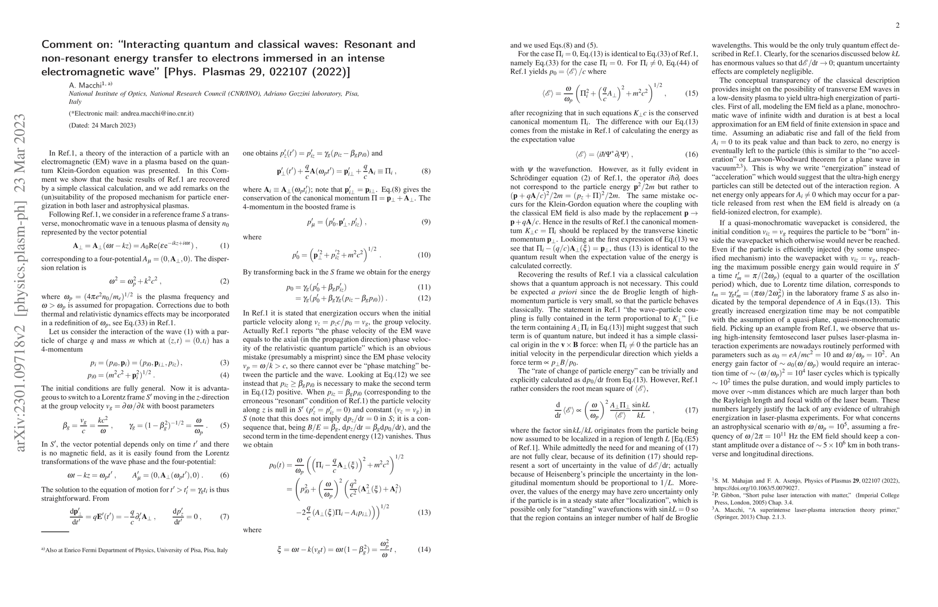 Thumbnail for Comment on: "Interacting quantum and classical waves: Resonant and
  non-resonant energy transfer to electrons immersed in an intense
  electromagnetic wave'' [Phys. Plasmas 29, 022107 (2022)]