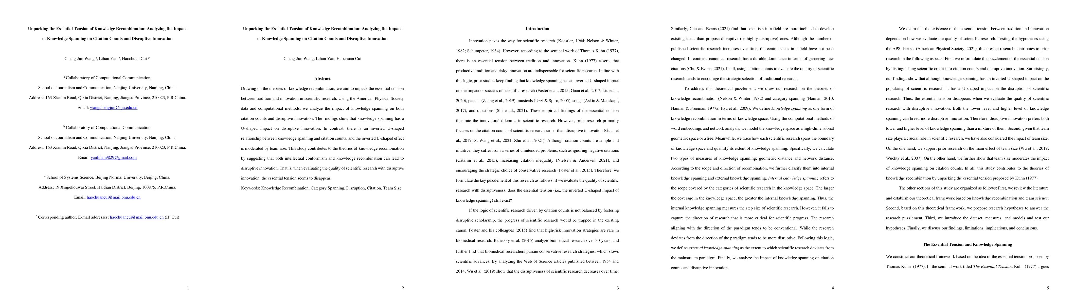 Thumbnail for Unpacking the Essential Tension of Knowledge Recombination: Analyzing
  the Impact of Knowledge Spanning on Citation Counts and Disruptive Innovation