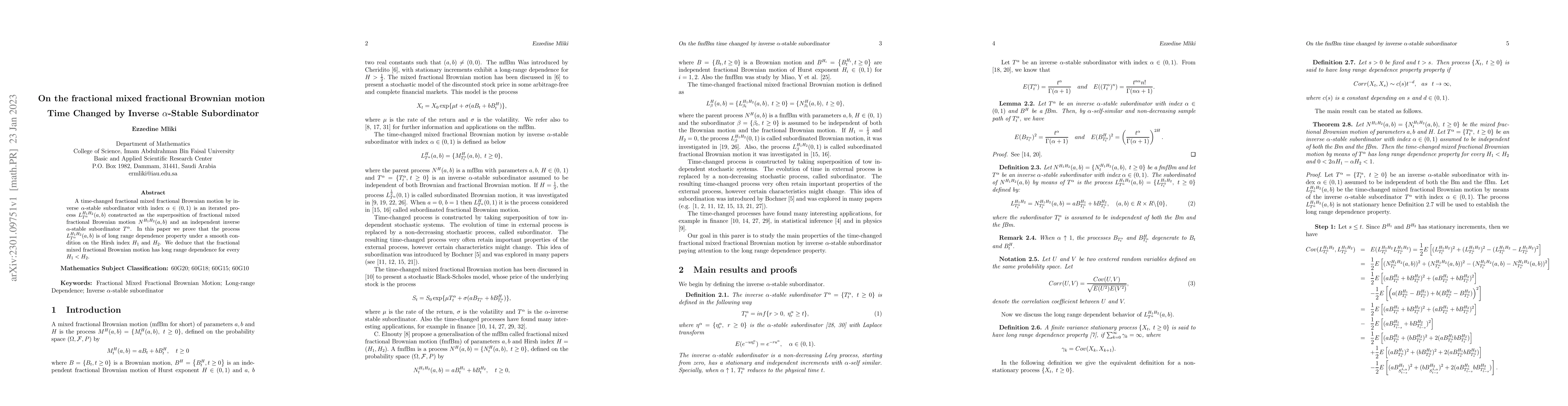 Thumbnail for On the fractional mixed fractional Brownian motion Time Changed by
  Inverse alpha Stable Subordinator