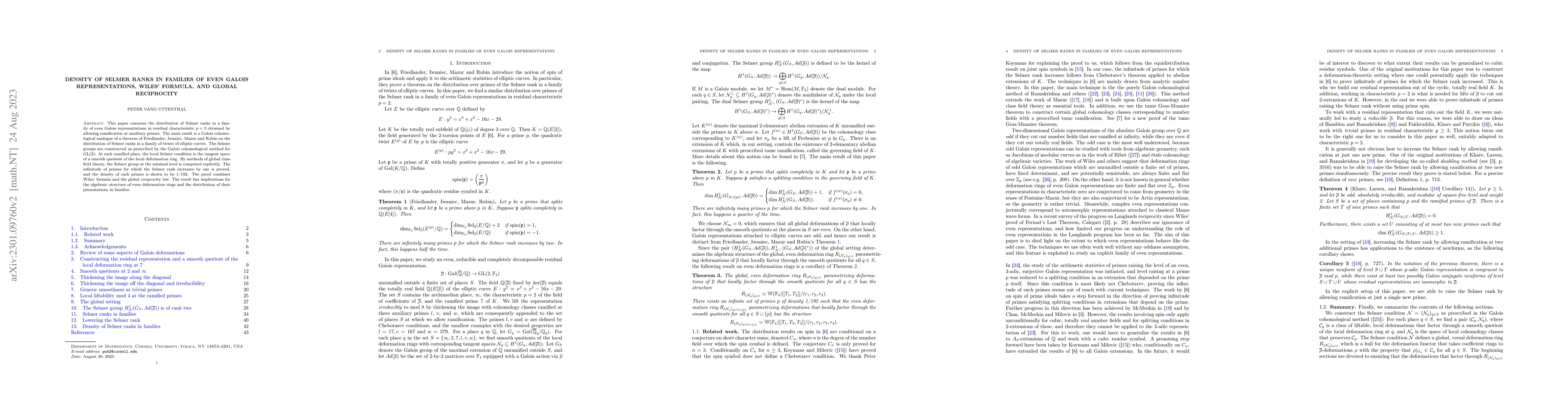 Thumbnail for Density of Selmer ranks in families of even Galois representations,
  Wiles' formula, and global reciprocity