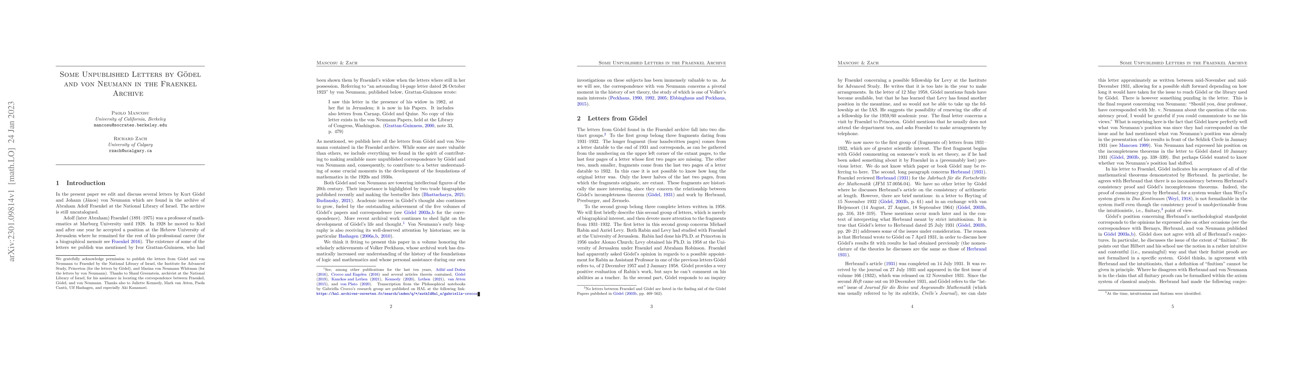 Thumbnail for Some Unpublished Letters by G\"odel and von Neumann in the Fraenkel
  Archive