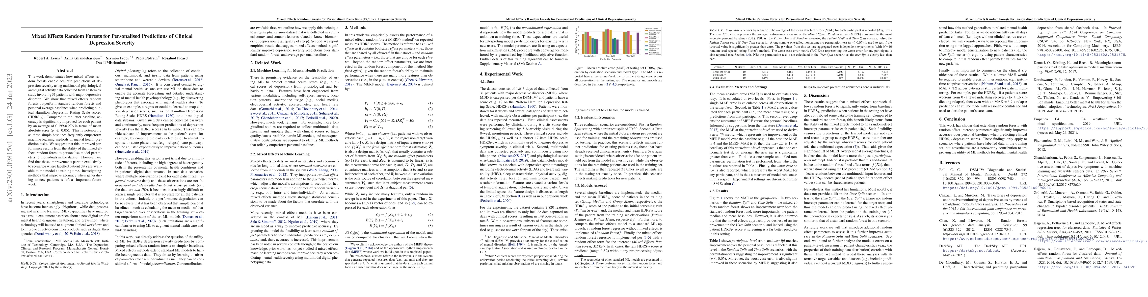 Thumbnail for Mixed Effects Random Forests for Personalised Predictions of Clinical
  Depression Severity