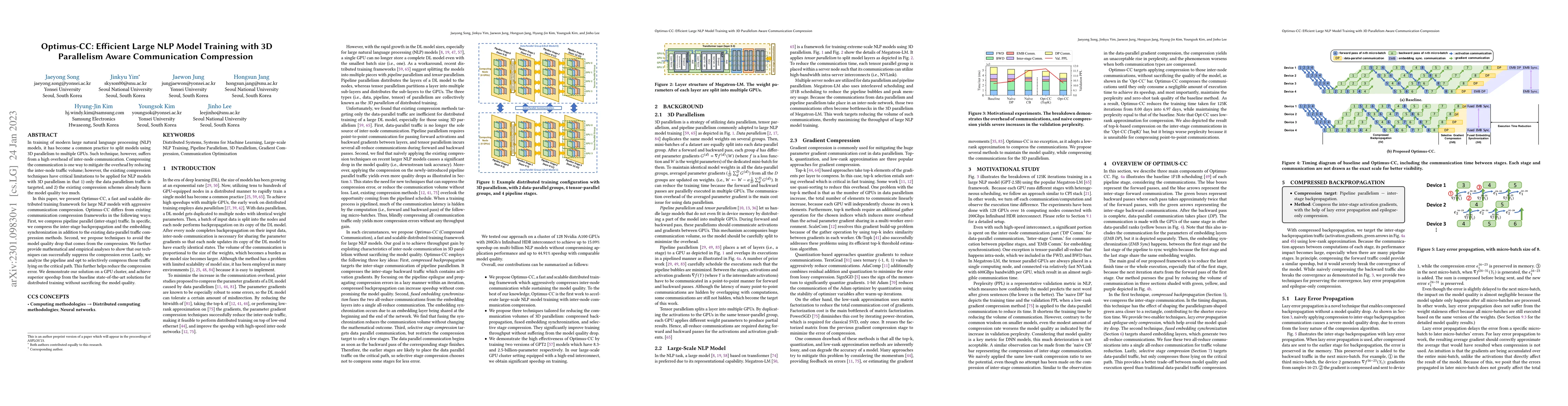 Thumbnail for Optimus-CC: Efficient Large NLP Model Training with 3D Parallelism Aware
  Communication Compression
