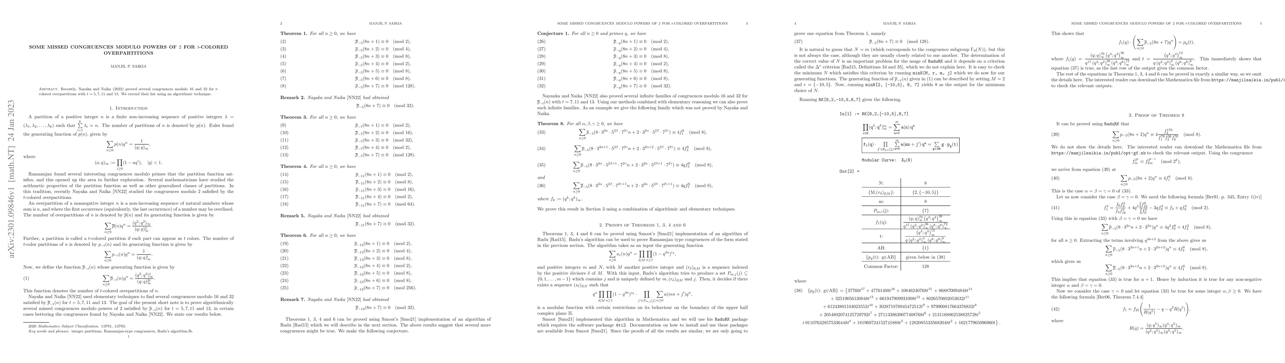 Thumbnail for Some Missed Congruences modulo powers of $2$ for $t$-colored
  overpartitions