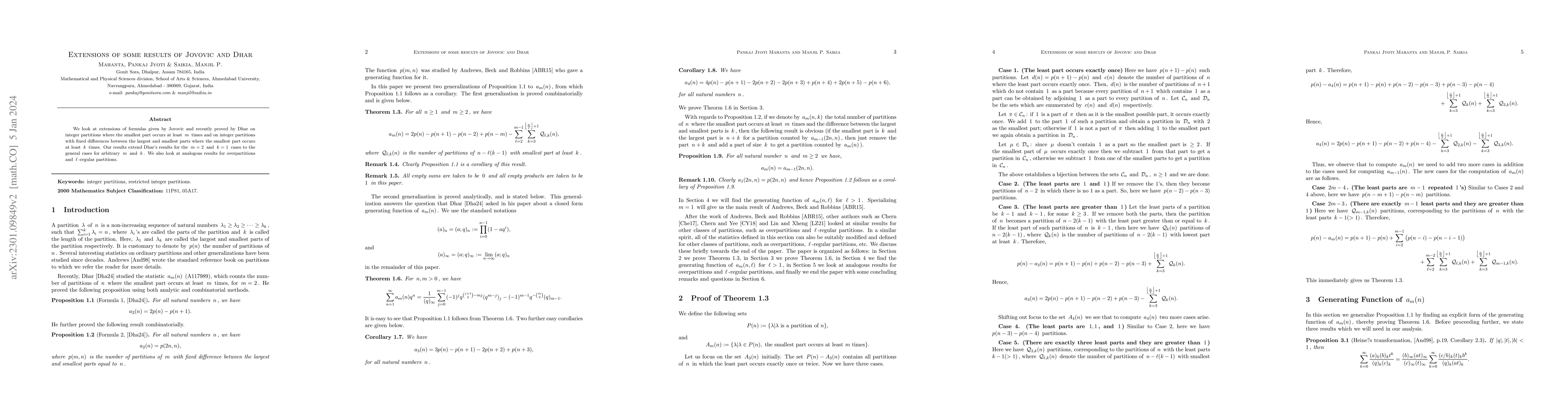 Thumbnail for Extensions of some results of Jovovic and Dhar