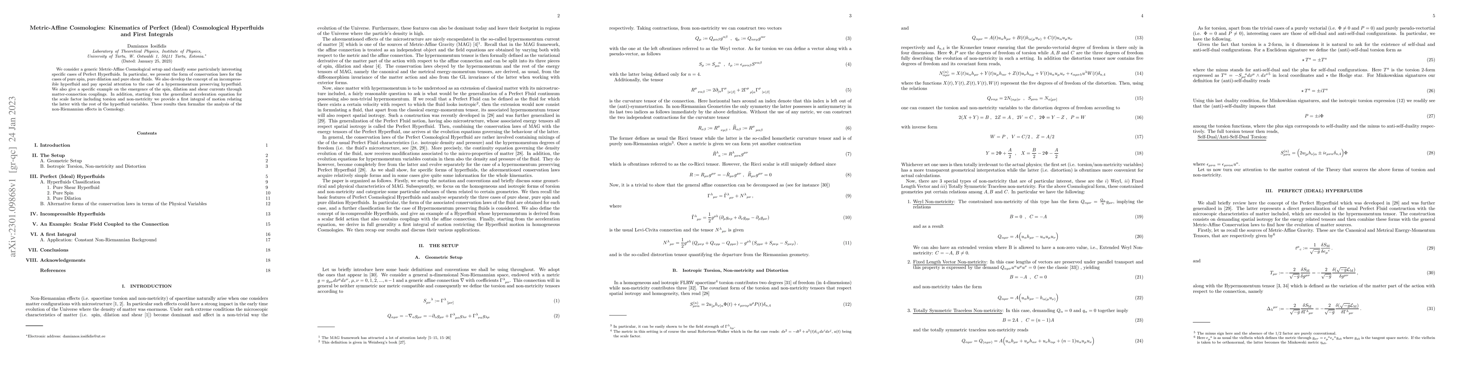 Thumbnail for Metric-Affine Cosmologies: Kinematics of Perfect (Ideal) Cosmological
  Hyperfluids and First Integrals