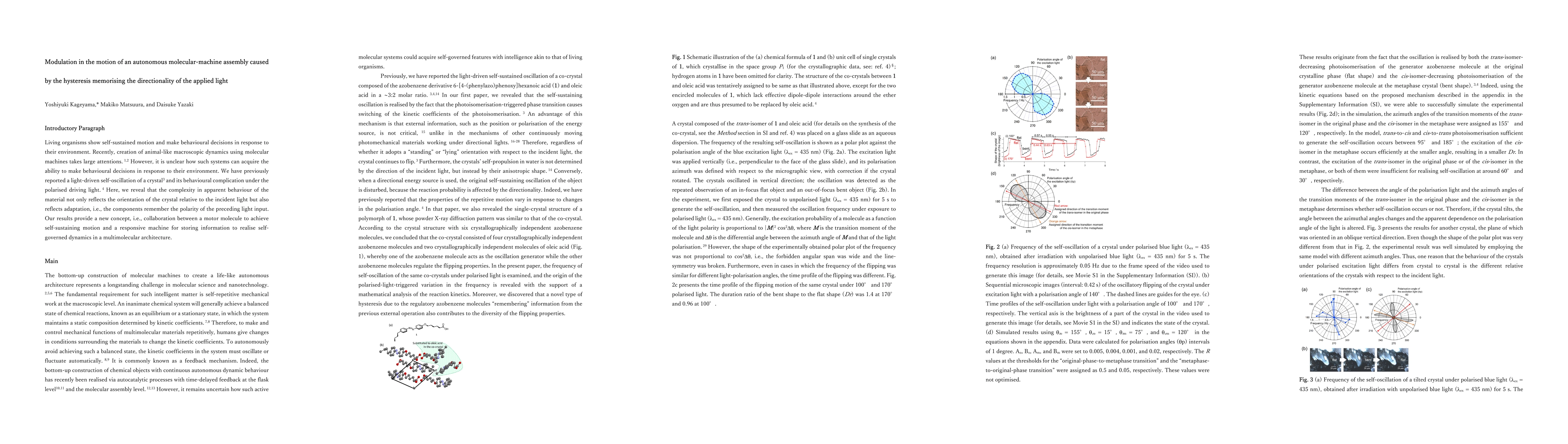 Thumbnail for Modulation in the motion of an autonomous molecular-machine assembly
  caused by the hysteresis in response to the directionality of the applied
  light