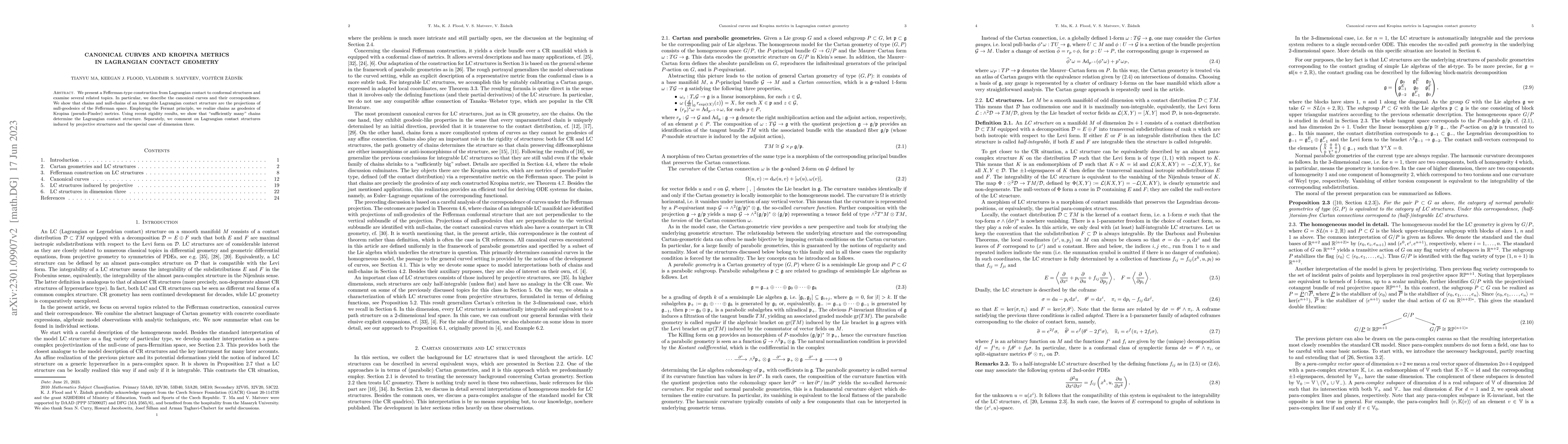 Thumbnail for Canonical curves and Kropina metrics in Lagrangian contact geometry