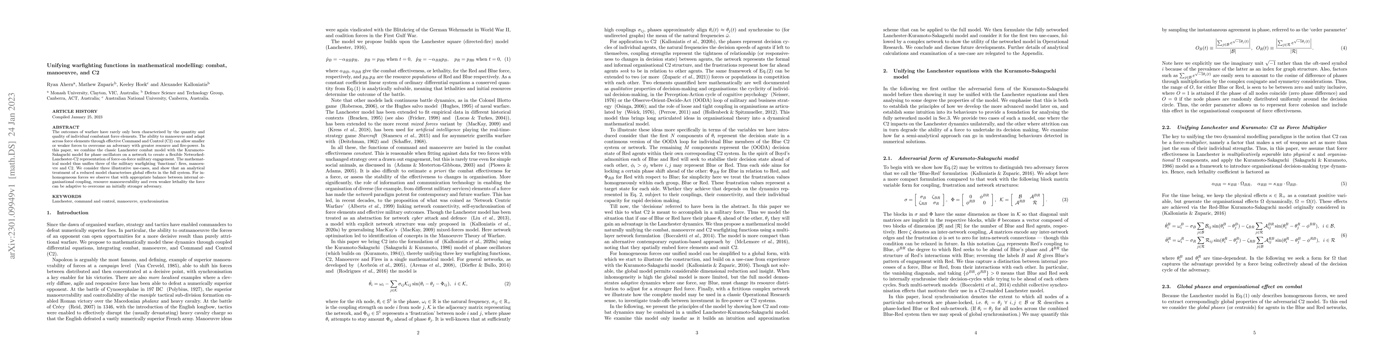 Thumbnail for Unifying warfighting functions in mathematical modelling: combat,
  manoeuvre, and C2