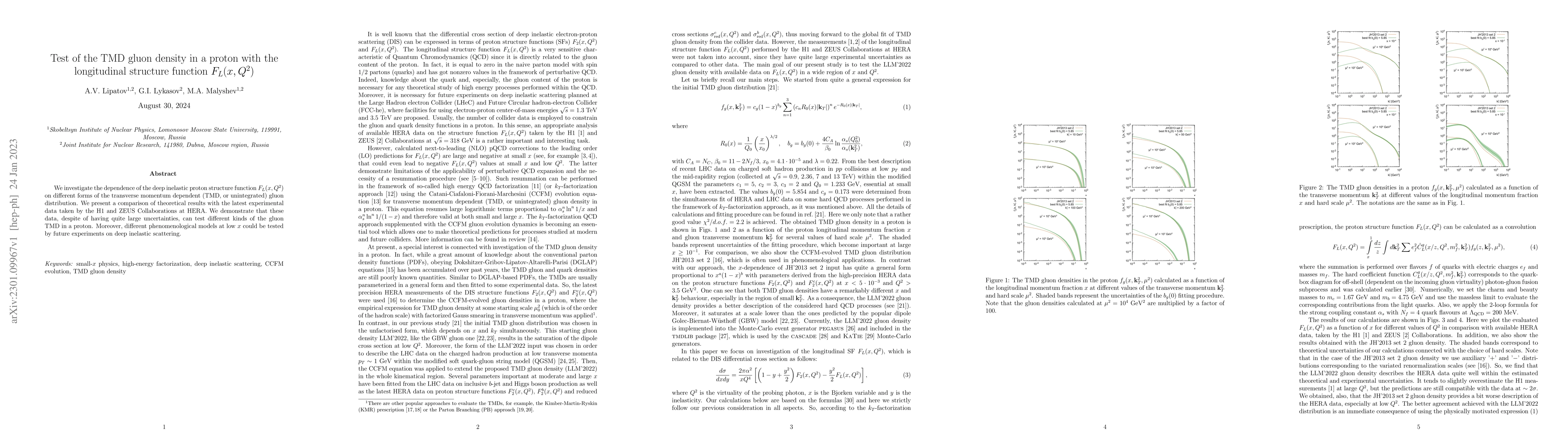 Thumbnail for Test of the TMD gluon density in a proton with the longitudinal
  structure function $F_L(x,Q^2)$