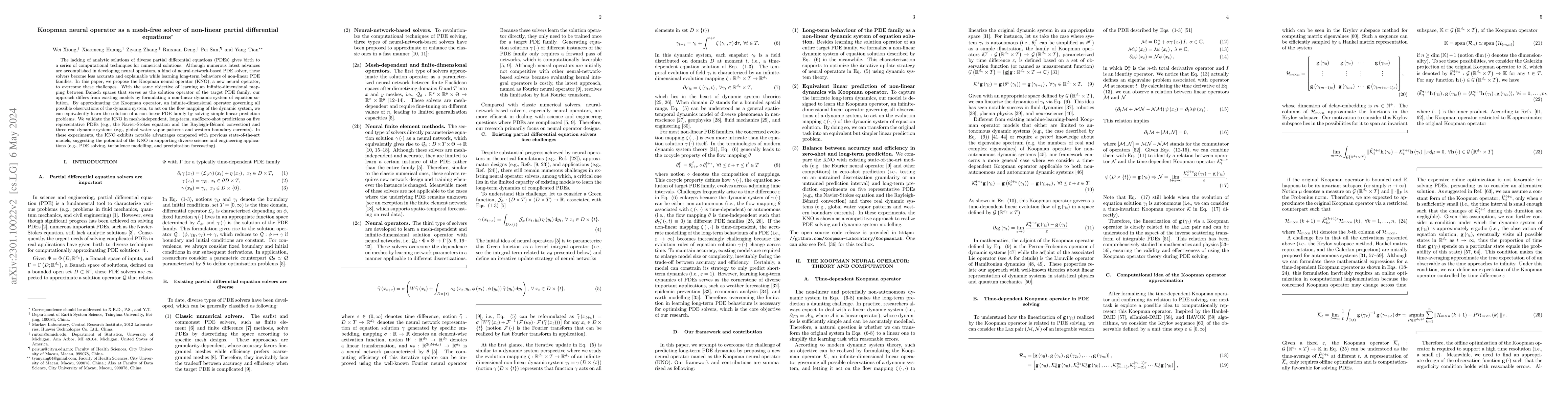 Thumbnail for Koopman neural operator as a mesh-free solver of non-linear partial
  differential equations
