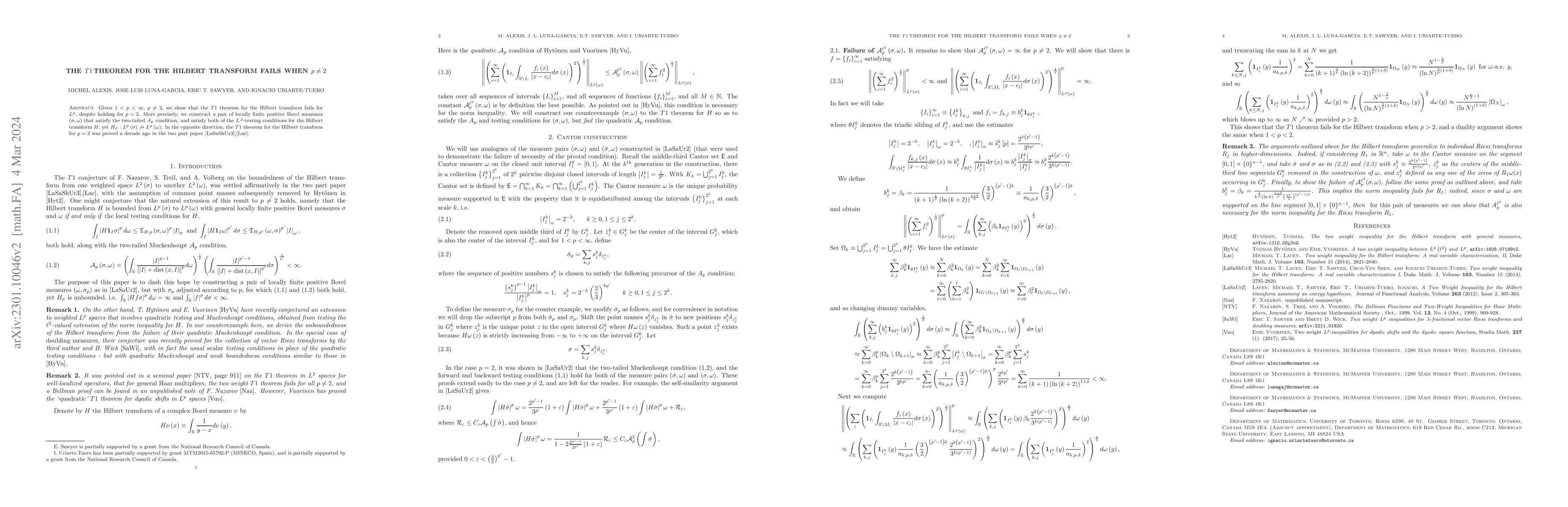 Thumbnail for The T1 theorem for the Hilbert transform fails when p is not 2