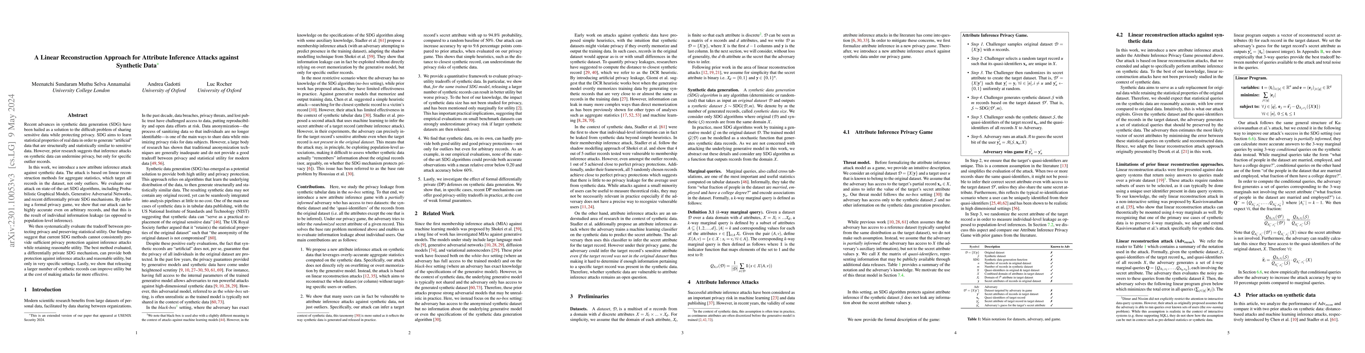 Thumbnail for A Linear Reconstruction Approach for Attribute Inference Attacks against
  Synthetic Data
