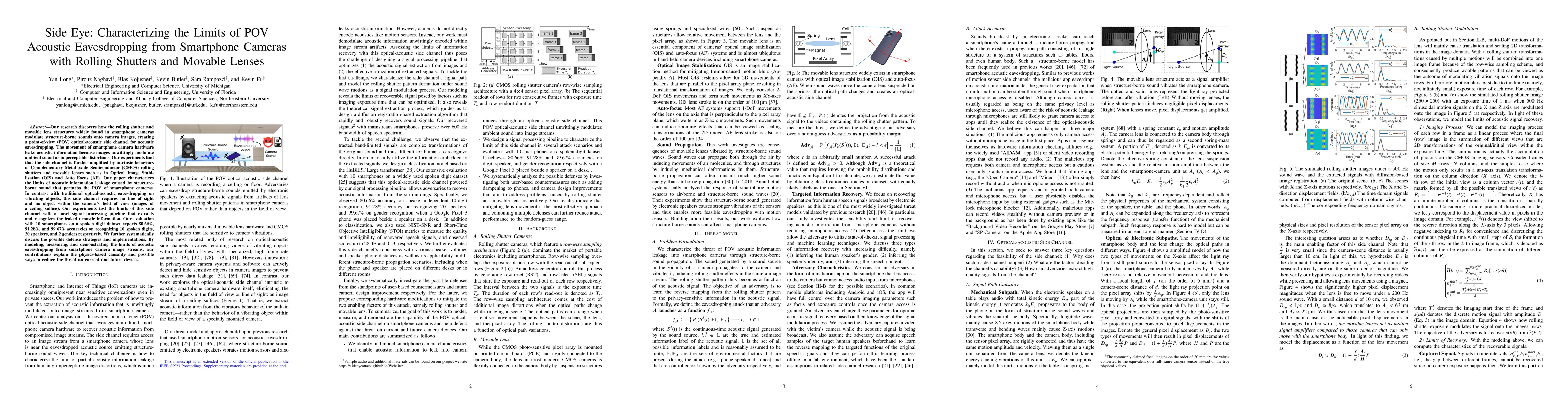 Thumbnail for Side Eye: Characterizing the Limits of POV Acoustic Eavesdropping from
  Smartphone Cameras with Rolling Shutters and Movable Lenses