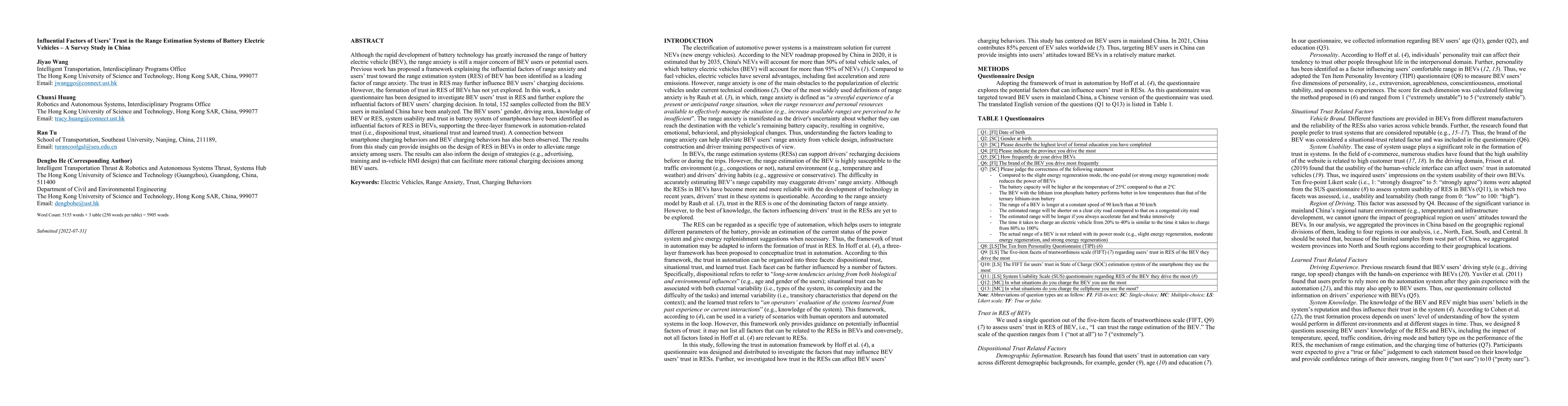 Thumbnail for Influential Factors of Users' Trust in the Range Estimation Systems of
  Battery Electric Vehicles -- A Survey Study in China