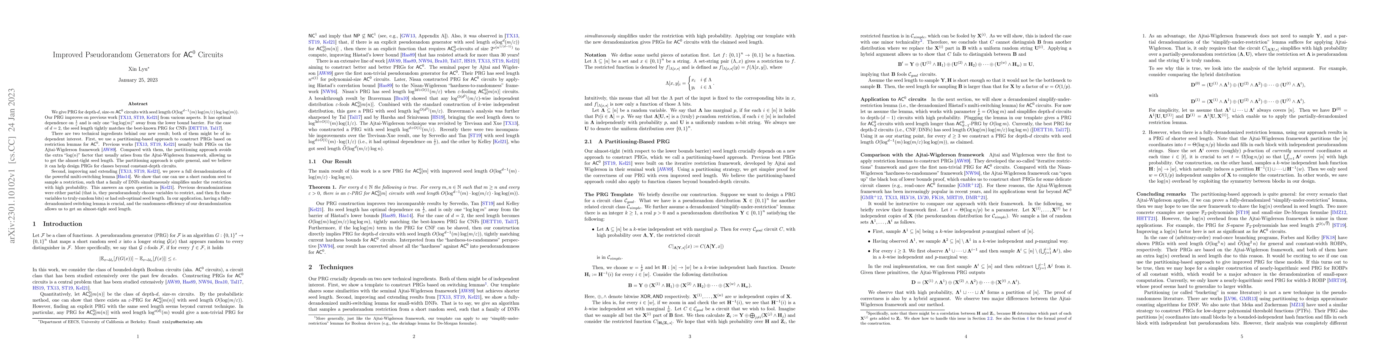 Thumbnail for Improved Pseudorandom Generators for $\mathsf{AC}^0$ Circuits