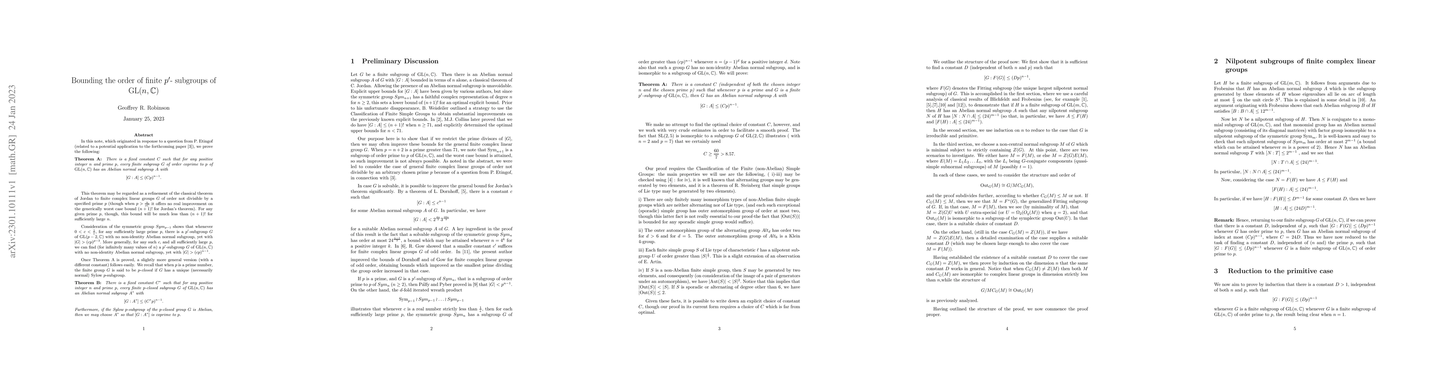 Thumbnail for Bounding the order of finite $p^{\prime}$- subgroups of ${\rm
  GL}(n,\mathbb{C})$