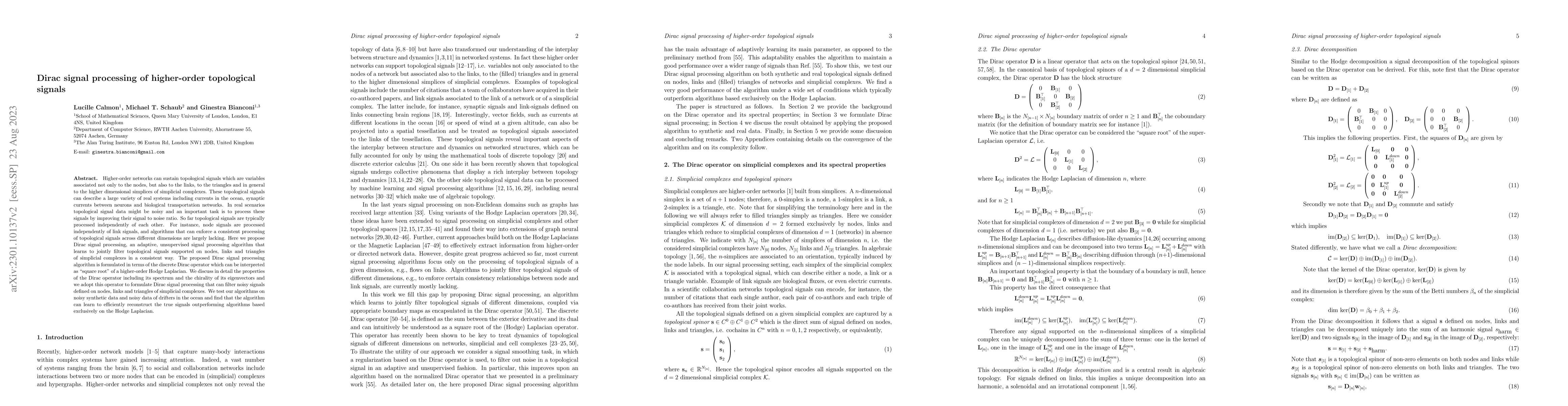 Thumbnail for Dirac signal processing of higher-order topological signals