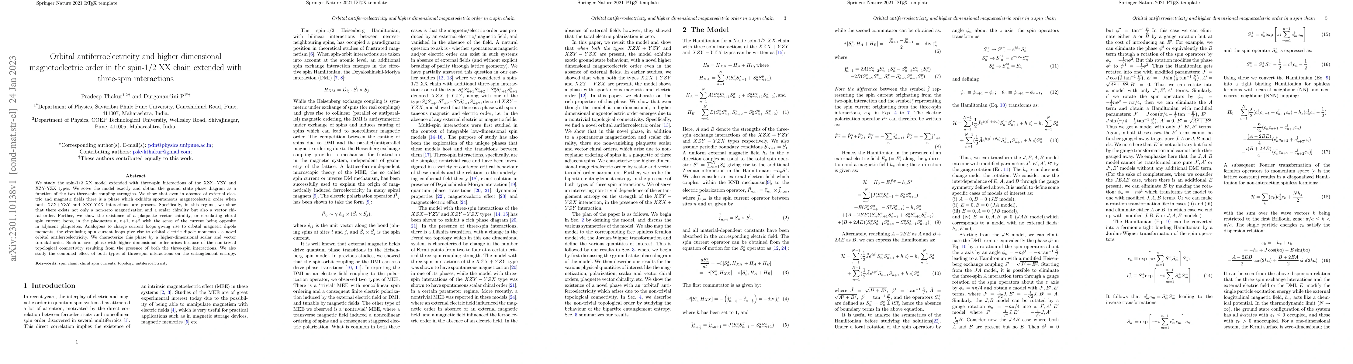 Thumbnail for Orbital antiferroelectricity and higher dimensional magnetoelectric
  order in the spin-$1/2$ XX chain extended with three-spin interactions