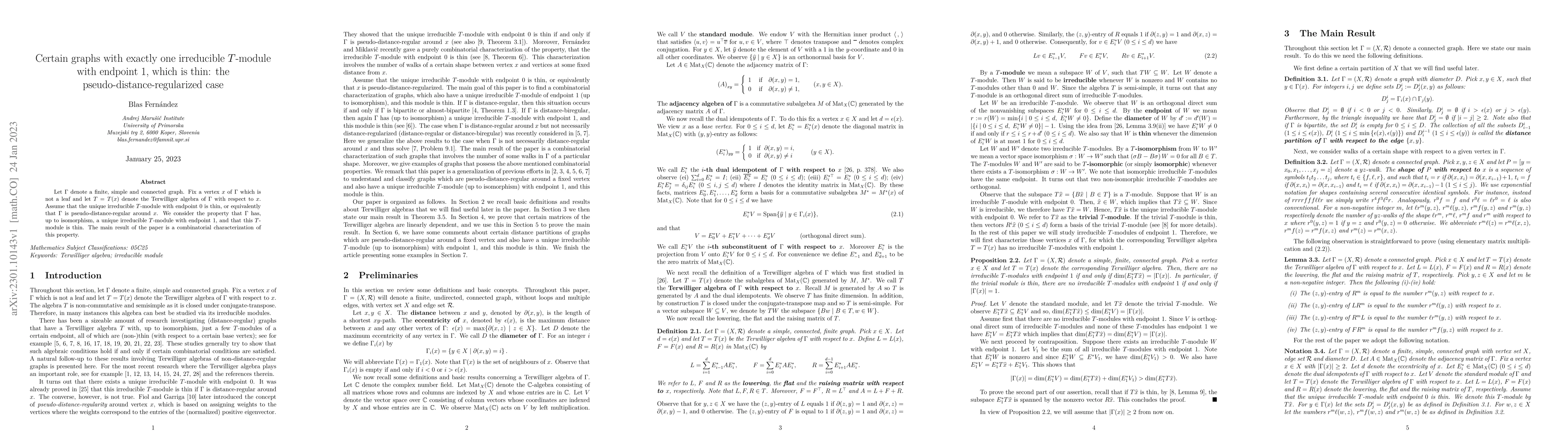 Thumbnail for Certain graphs with exactly one irreducible $T$-module with endpoint
  $1$, which is thin: the pseudo-distance-regularized case