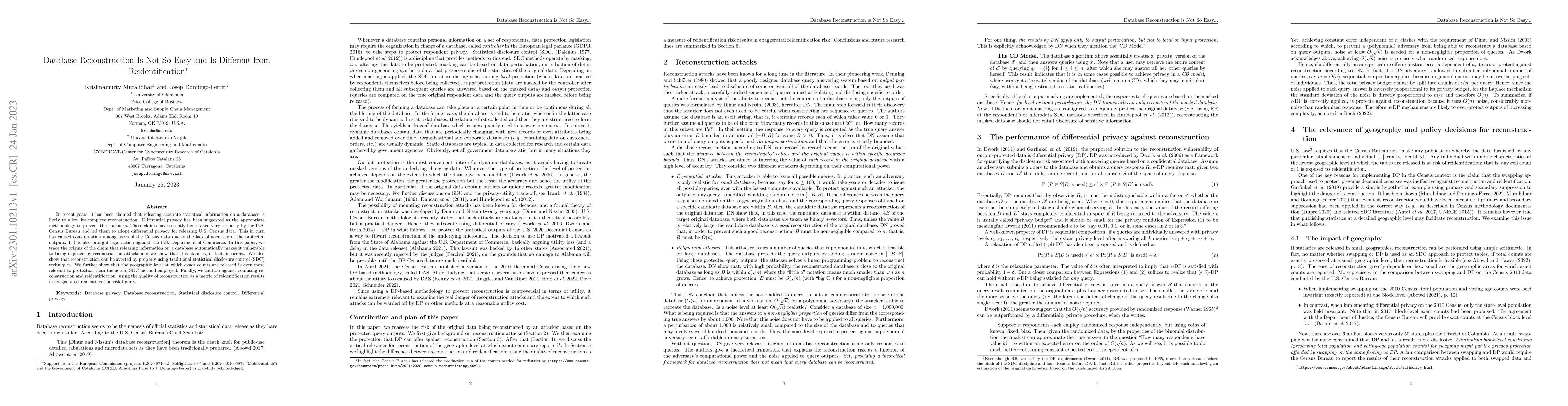 Thumbnail for Database Reconstruction Is Not So Easy and Is Different from
  Reidentification