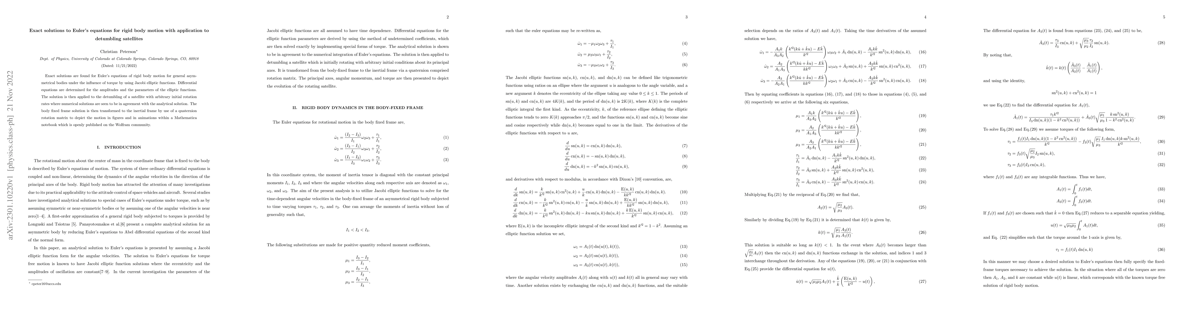 Thumbnail for Exact solutions to Euler's equations for rigid body motion with
  application to detumbling satellites