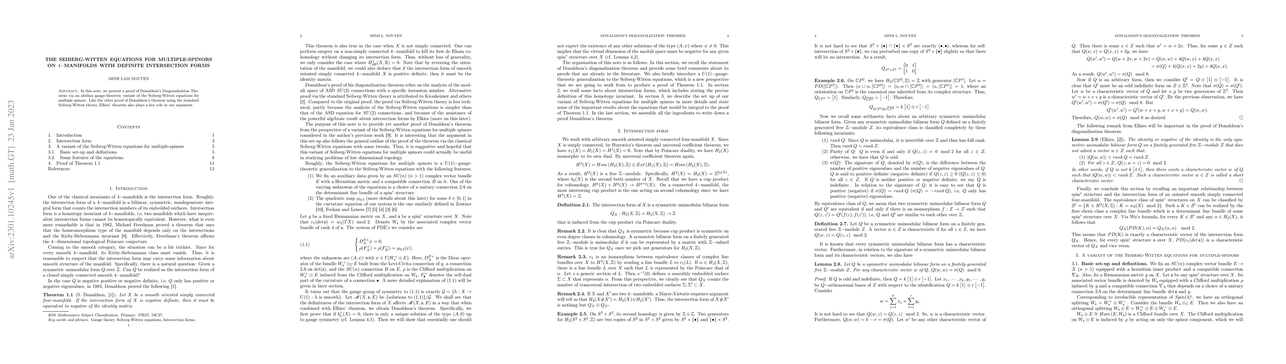 Thumbnail for The Seiberg-Witten equations for multiple-spinors on $4-$manifolds with
  definite intersection forms