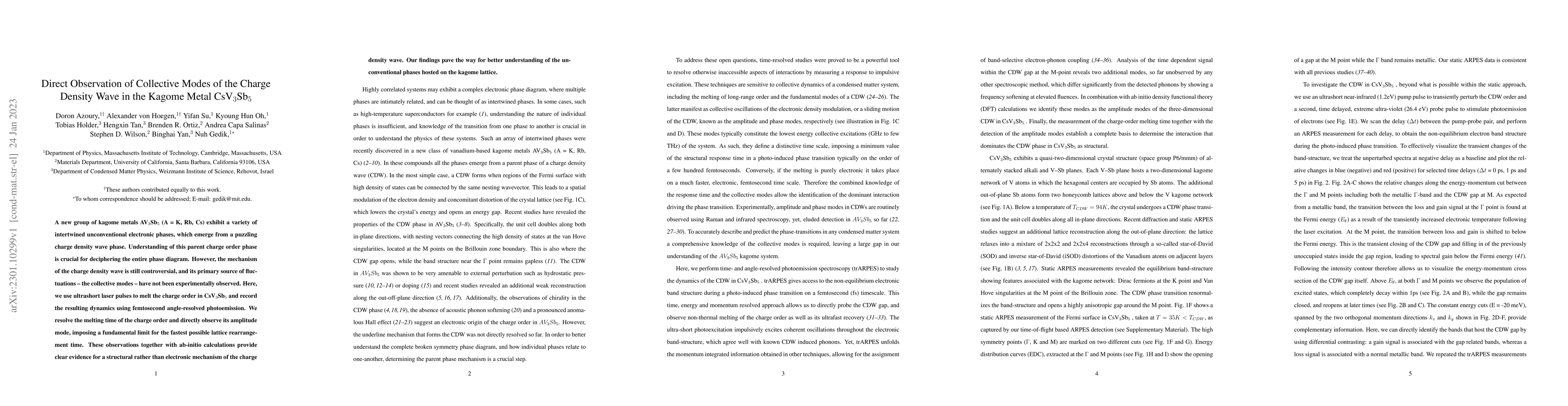 Thumbnail for Direct Observation of Collective Modes of the Charge Density Wave in the
  Kagome Metal CsV$_3$Sb$_5$