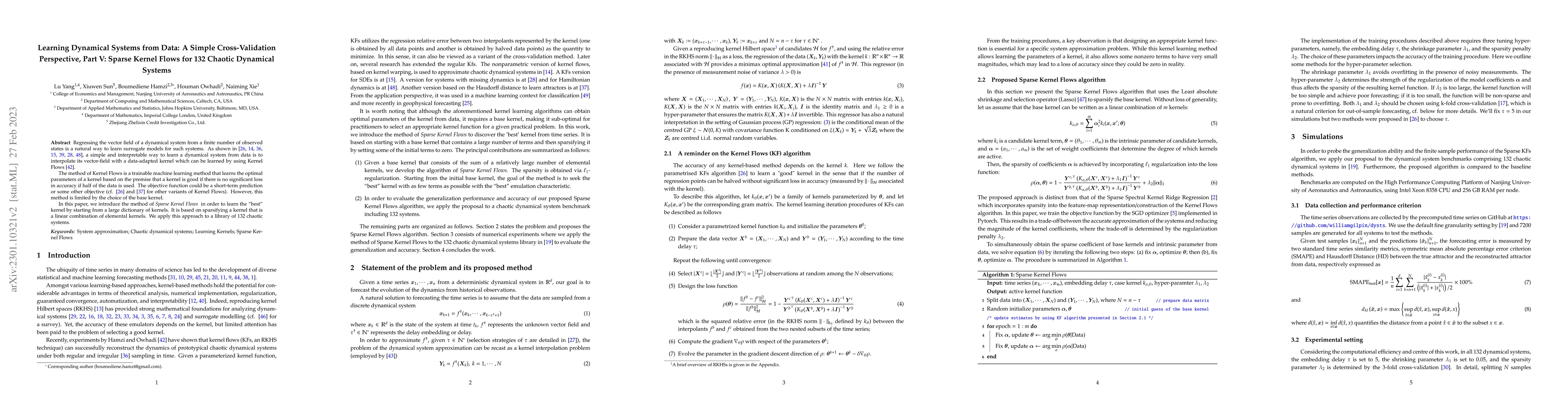 Thumbnail for Learning Dynamical Systems from Data: A Simple Cross-Validation
  Perspective, Part V: Sparse Kernel Flows for 132 Chaotic Dynamical Systems