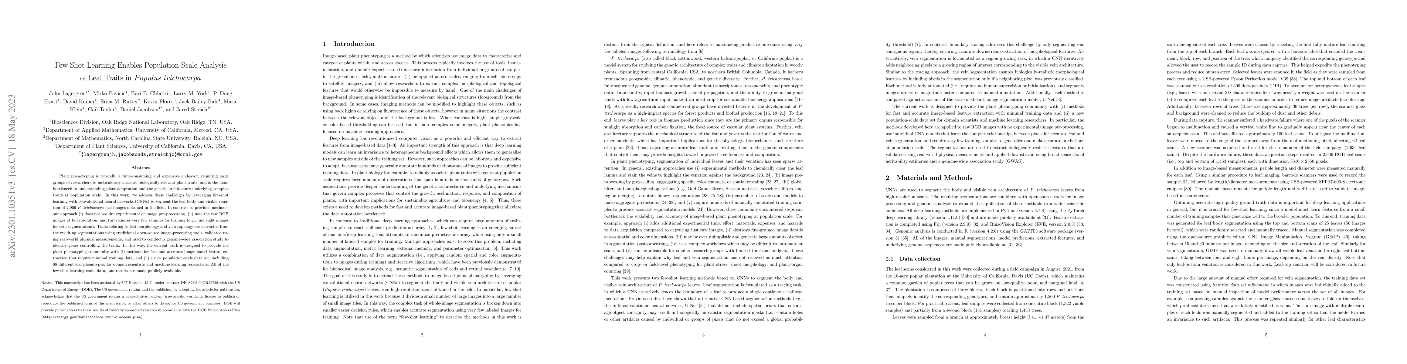 Thumbnail for Few-Shot Learning Enables Population-Scale Analysis of Leaf Traits in
  Populus trichocarpa