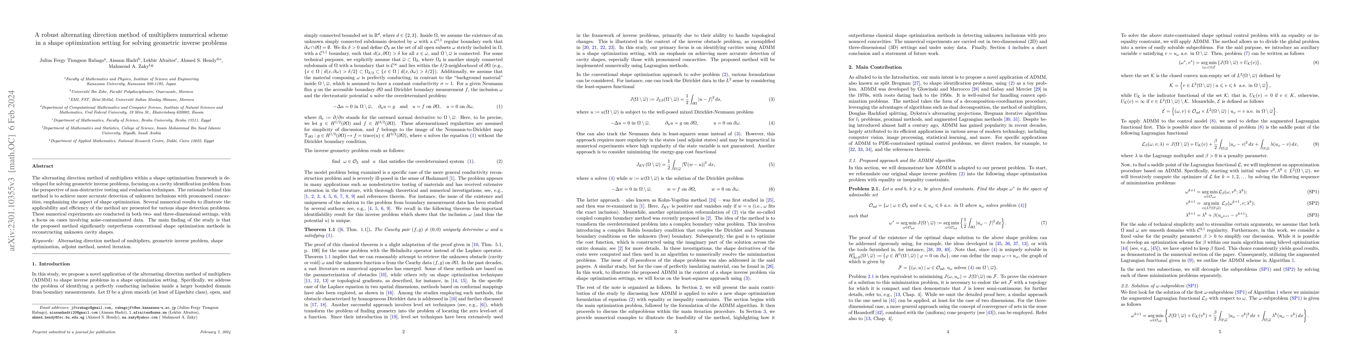 Thumbnail for A robust alternating direction numerical scheme in a shape optimization
  setting for solving geometric inverse problems