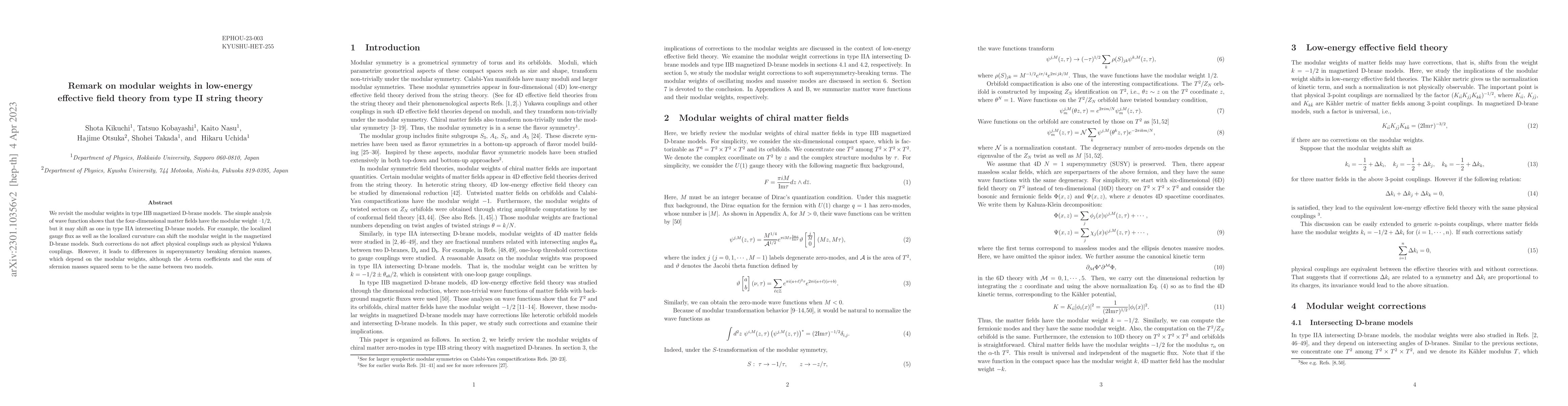 Thumbnail for Remark on modular weights in low-energy effective field theory from type
  II string theory