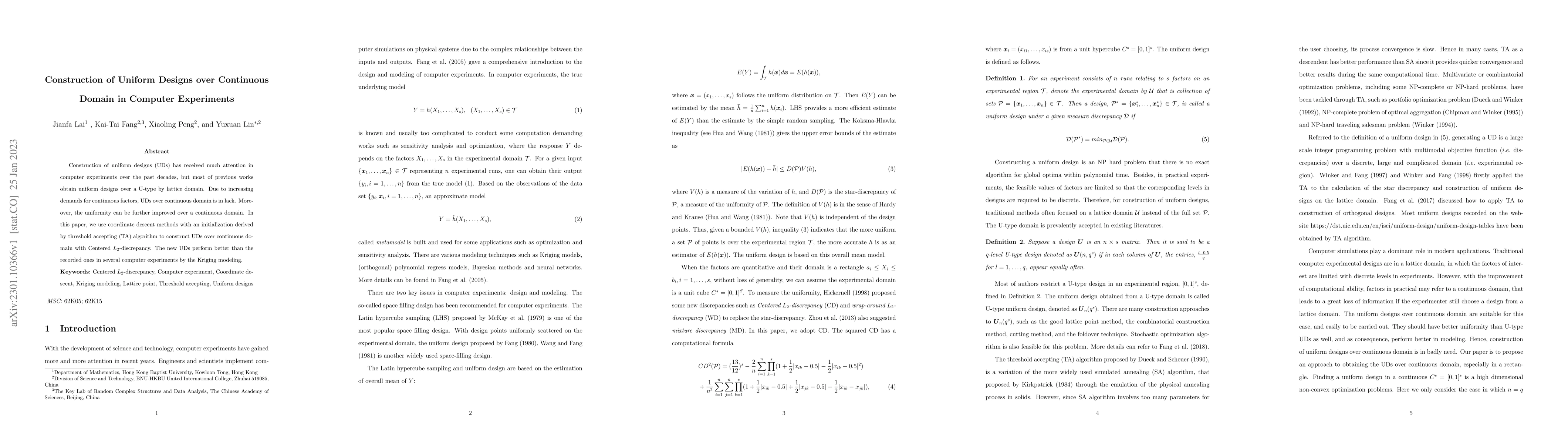 Thumbnail for Construction of Uniform Designs over Continuous Domain in Computer
  Experiments