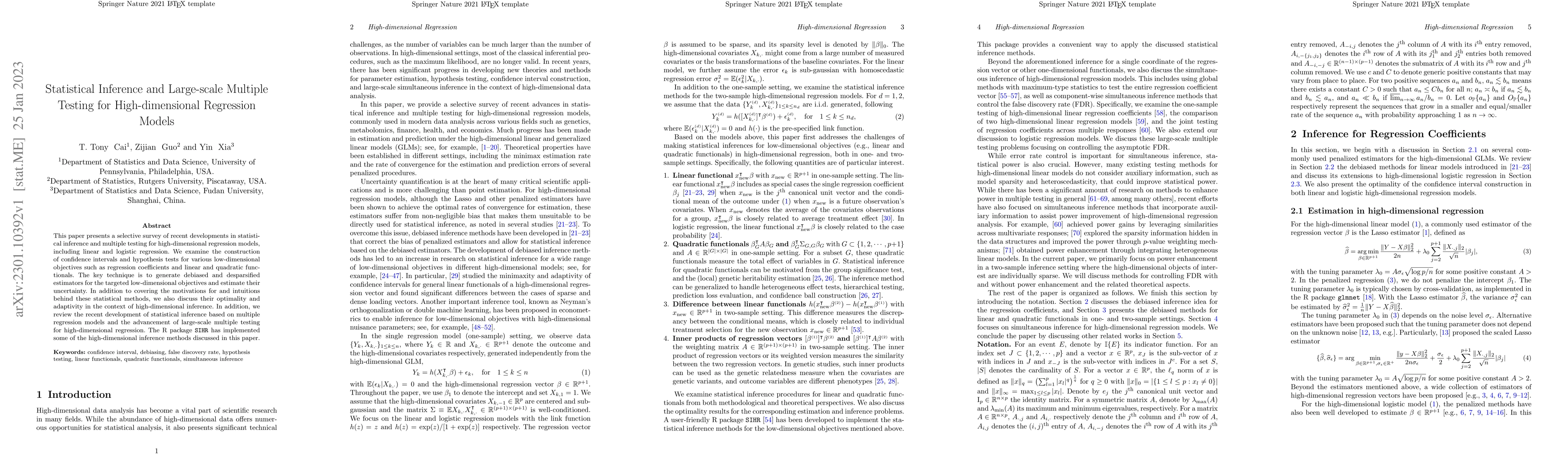 Thumbnail for Statistical Inference and Large-scale Multiple Testing for
  High-dimensional Regression Models