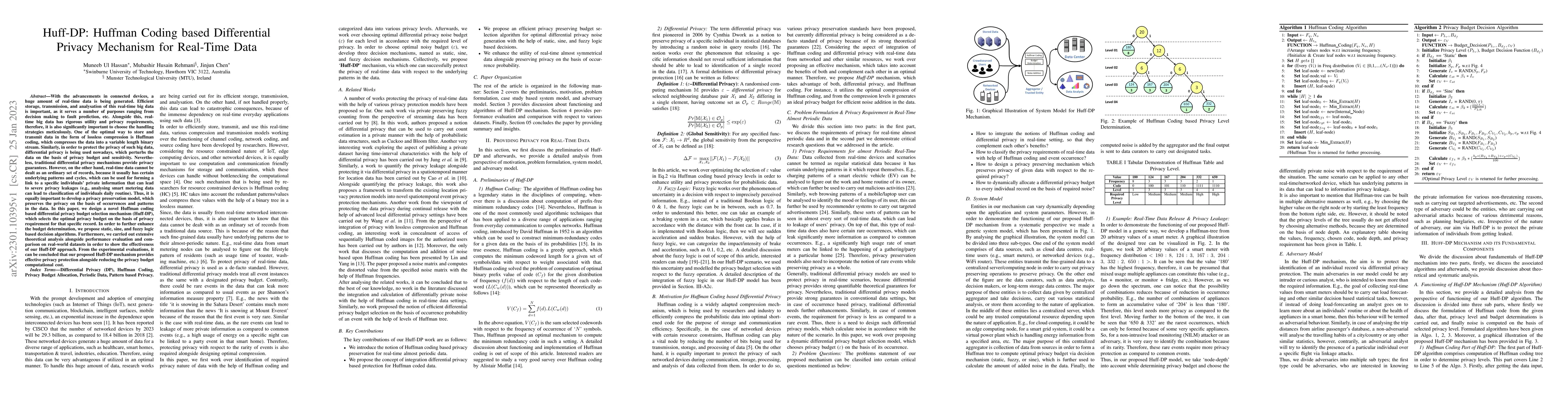 Thumbnail for Huff-DP: Huffman Coding based Differential Privacy Mechanism for
  Real-Time Data