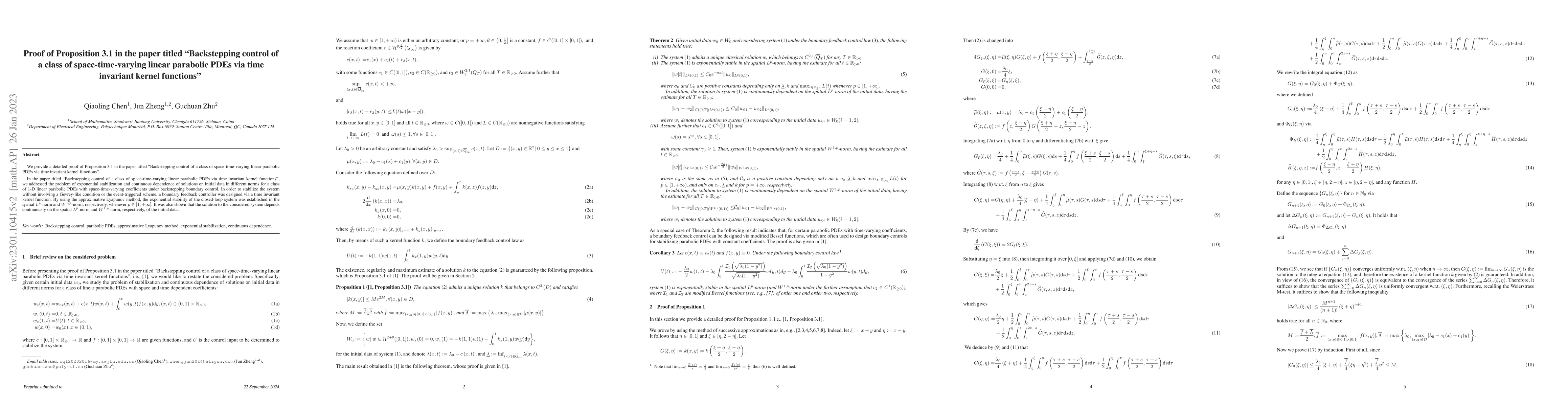 Thumbnail for Proof of Proposition 3.1 in the paper titled "Backstepping control of a
  class of space-time-varying linear parabolic PDEs via time invariant kernel
  functions''