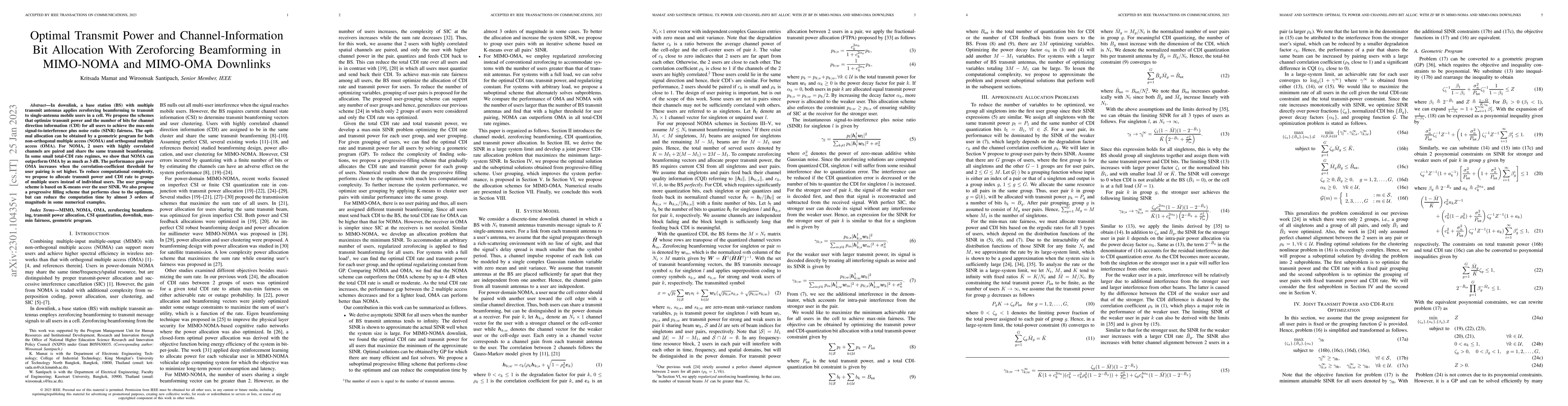 Thumbnail for Optimal Transmit Power and Channel-Information Bit Allocation With
  Zeroforcing Beamforming in MIMO-NOMA and MIMO-OMA Downlinks